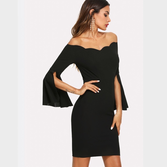 Rouge! Dresses & Skirts - Split Trumpet Sleeve Scallop Bodycon Dress Black